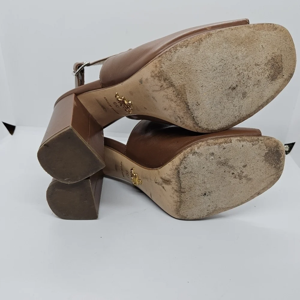 Prada brown leather peeptoe ankle wrap heel booties EU 38